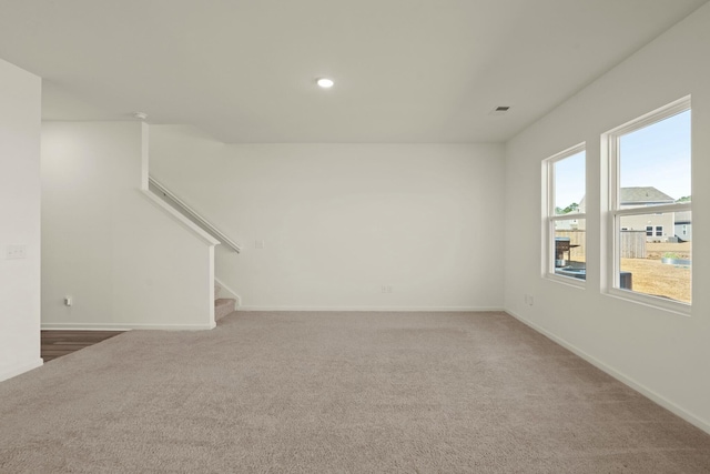 interior space with recessed lighting, stairway, carpet, and baseboards