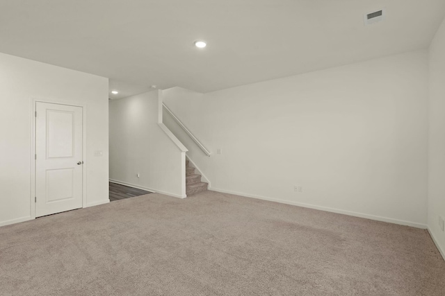 interior space with baseboards, stairway, carpet flooring, and recessed lighting