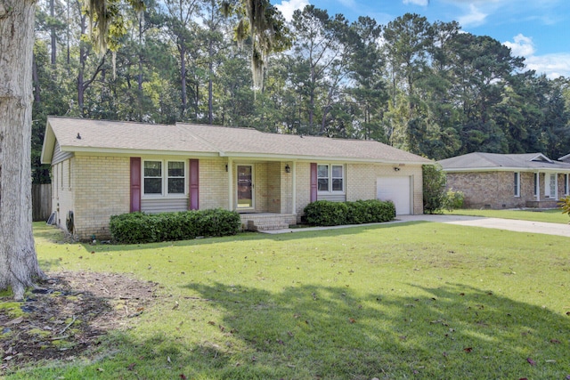 ranch-style house with a garage and a front yard