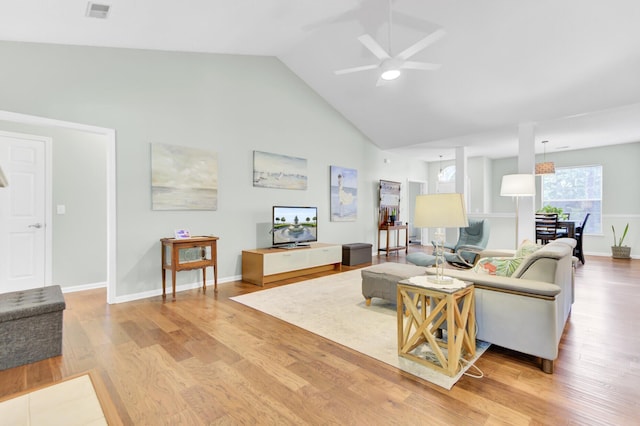 5406 Dwight Dr, North Charleston, SC 29420 - living area with a ceiling fan, light wood finished floors, and high vaulted ceiling