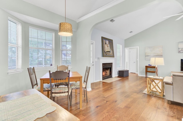 5406 Dwight Dr, North Charleston, SC 29420 - dining area featuring light wood-type flooring, a fireplace with flush hearth, arched walkways, and vaulted ceiling