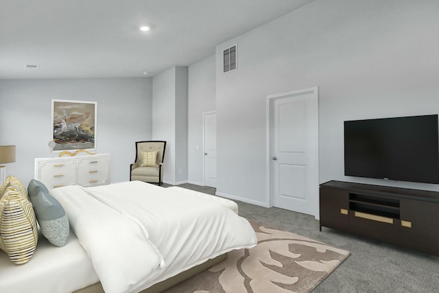 carpeted bedroom with visible vents, recessed lighting, and baseboards