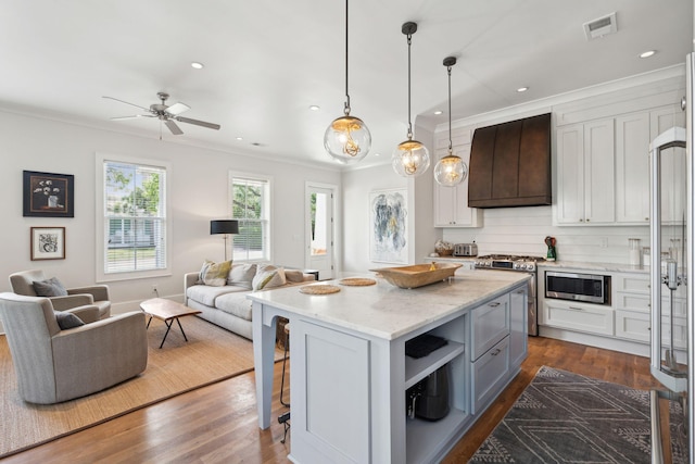 1474 Indian St, Mount Pleasant, SC 29464 - kitchen featuring appliances with stainless steel finishes, premium range hood, open floor plan, ornamental molding, and a kitchen breakfast bar