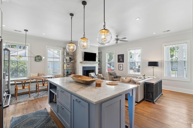 1474 Indian St, Mount Pleasant, SC 29464 - kitchen with crown molding, open floor plan, healthy amount of natural light, a kitchen island, and light wood-style floors