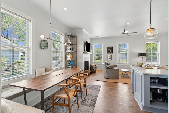 1474 Indian St, Mount Pleasant, SC 29464 - dining room with ornamental molding, wood finished floors, a fireplace, recessed lighting, and ceiling fan