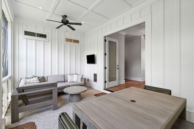 1474 Indian St, Mount Pleasant, SC 29464 - living area with a ceiling fan, coffered ceiling, baseboards, a decorative wall, and recessed lighting
