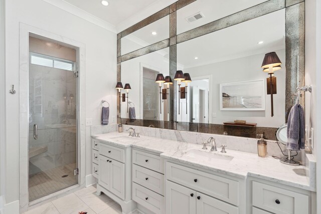 1474 Indian St, Mount Pleasant, SC 29464 - bathroom featuring crown molding, a stall shower, double vanity, marble finish flooring, and recessed lighting