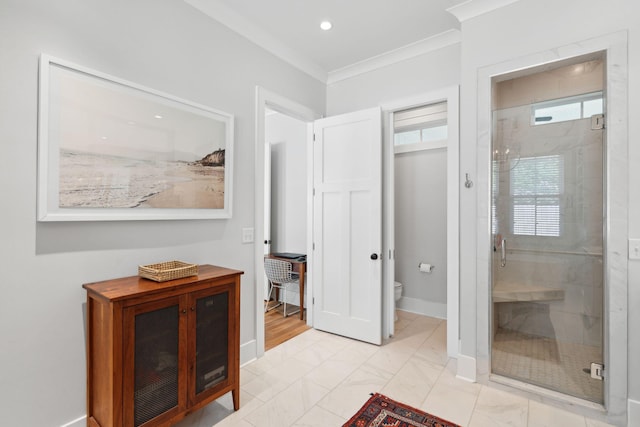 1474 Indian St, Mount Pleasant, SC 29464 - full bath with a stall shower, ornamental molding, toilet, plenty of natural light, and recessed lighting