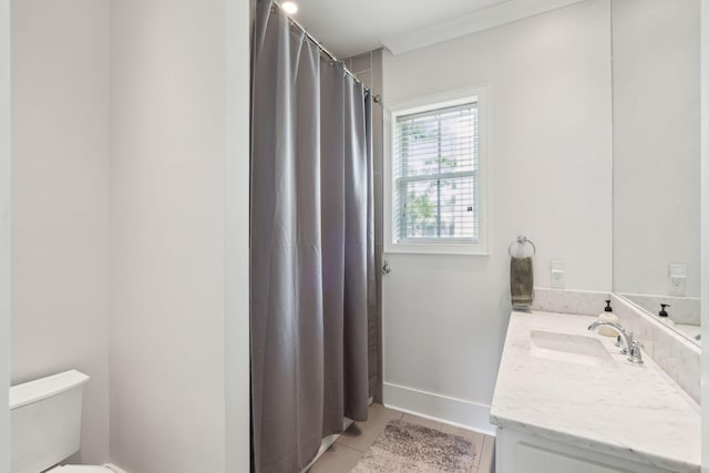 1474 Indian St, Mount Pleasant, SC 29464 - bathroom featuring toilet, tile patterned floors, vanity, baseboards, and a shower with shower curtain
