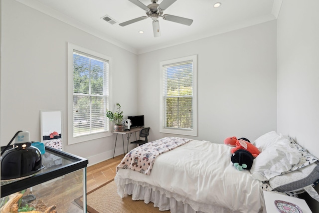 1474 Indian St, Mount Pleasant, SC 29464 - bedroom with light wood finished floors, ornamental molding, recessed lighting, baseboards, and a ceiling fan
