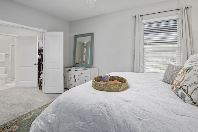 carpeted bedroom with ensuite bathroom