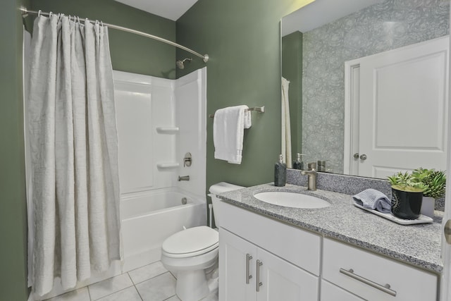 full bathroom with toilet, vanity, shower / tub combo, and tile patterned flooring