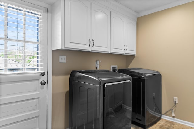 1551 Hutton Pl, Charleston, SC 29407 - laundry room featuring cabinet space, washing machine and dryer, and crown molding
