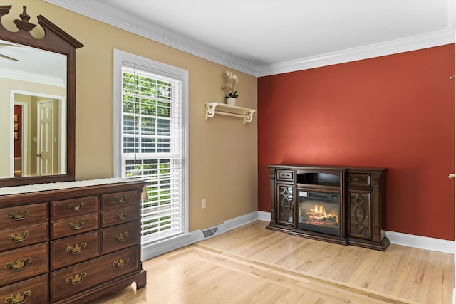 1551 Hutton Pl, Charleston, SC 29407 - interior space with a glass covered fireplace, ornamental molding, and light wood-type flooring