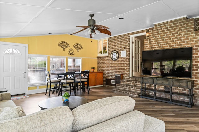 1551 Hutton Pl, Charleston, SC 29407 - living area with vaulted ceiling, ceiling fan, wood finished floors, and brick wall