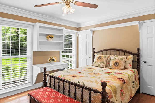 1551 Hutton Pl, Charleston, SC 29407 - bedroom featuring multiple windows, wood finished floors, crown molding, and ceiling fan