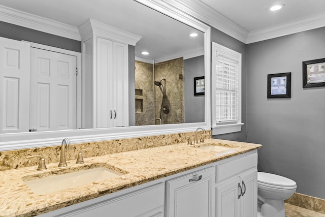 1551 Hutton Pl, Charleston, SC 29407 - bathroom featuring tiled shower, recessed lighting, double vanity, and crown molding
