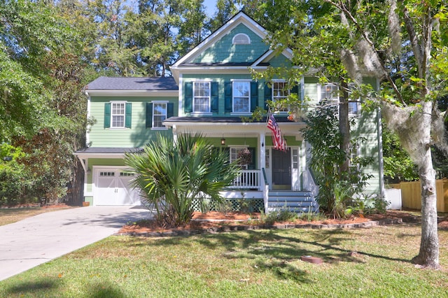 view of front of house featuring a garage, a porch, and a front yard