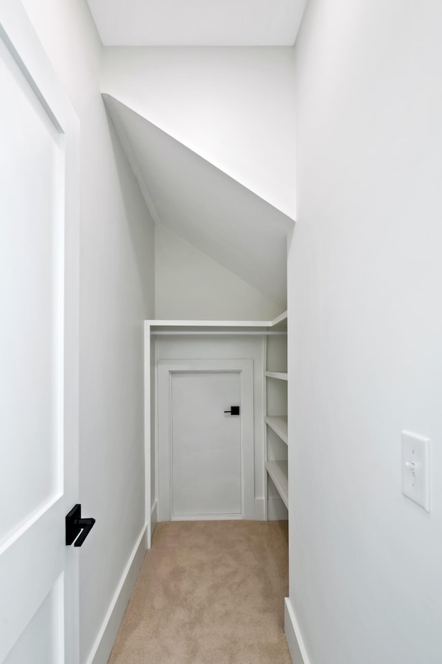 spacious closet with light carpet and lofted ceiling