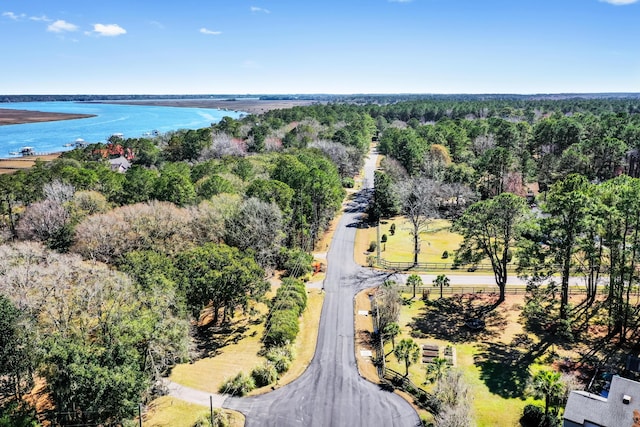 birds eye view of property featuring a water view and a wooded view