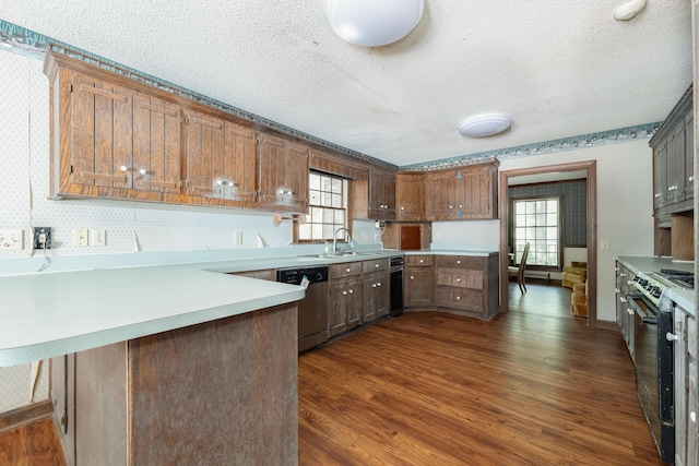 200 Old Postern Rd, Summerville, SC 29483 - kitchen featuring stainless steel dishwasher, black gas stove, wallpapered walls, a peninsula, and dark wood-style floors