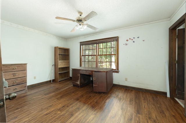 200 Old Postern Rd, Summerville, SC 29483 - unfurnished office with a ceiling fan, dark wood finished floors, ornamental molding, baseboards, and a textured ceiling