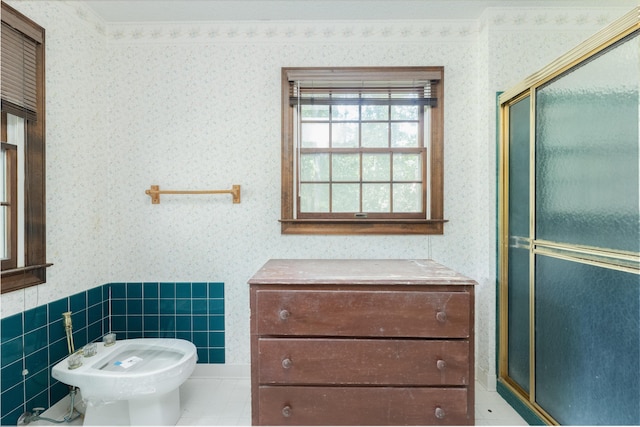 200 Old Postern Rd, Summerville, SC 29483 - full bathroom with wallpapered walls, a stall shower, a bidet, tile patterned floors, and a wainscoted wall