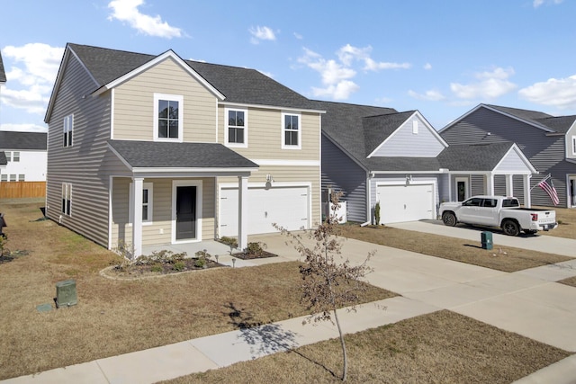 traditional-style home featuring covered porch, a garage, a shingled roof, driveway, and a front yard