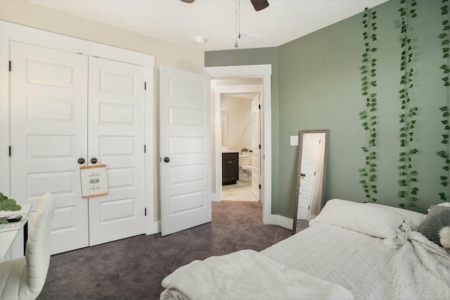 bedroom with dark carpet, a closet, and ceiling fan