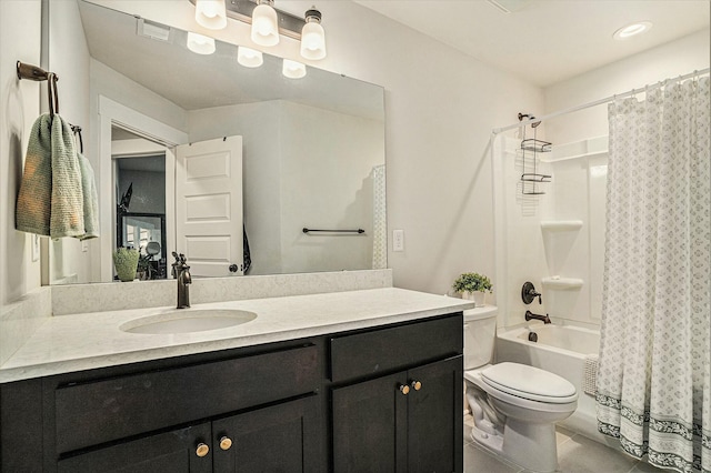 full bathroom with shower / tub combo with curtain, vanity, toilet, and tile patterned flooring