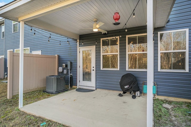 view of patio / terrace featuring ceiling fan and central AC unit