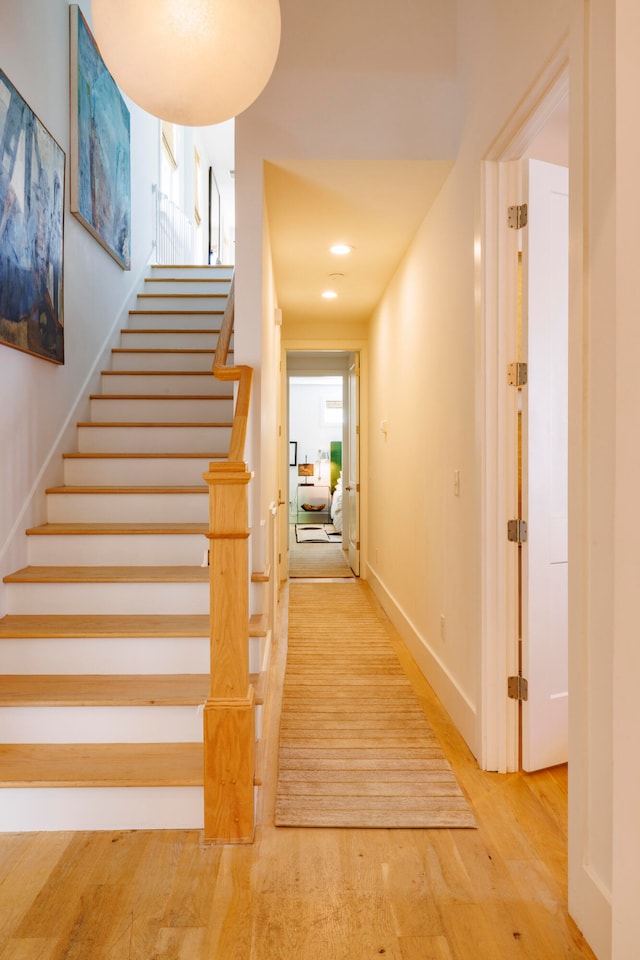 staircase with hardwood / wood-style flooring