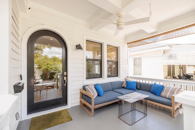 exterior space featuring ceiling fan, a porch, and an outdoor living space