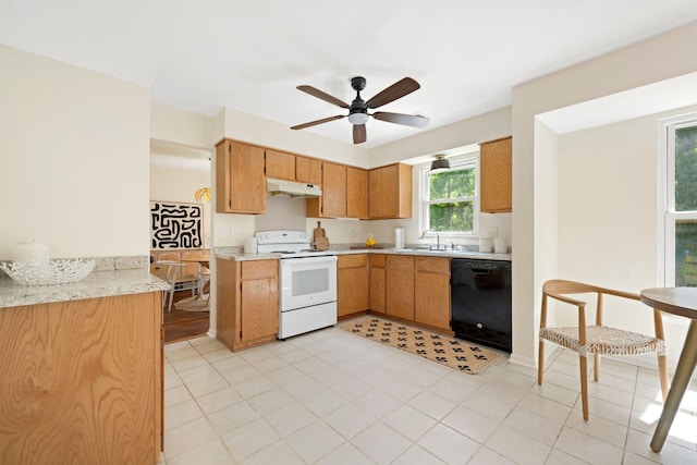 8112 Halifax Way N, Charleston, SC 29420 - kitchen with dishwasher, white electric range, under cabinet range hood, light countertops, and ceiling fan