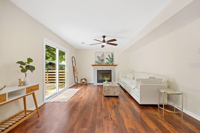 8112 Halifax Way N, Charleston, SC 29420 - living area featuring a ceiling fan, a fireplace, and dark wood-type flooring
