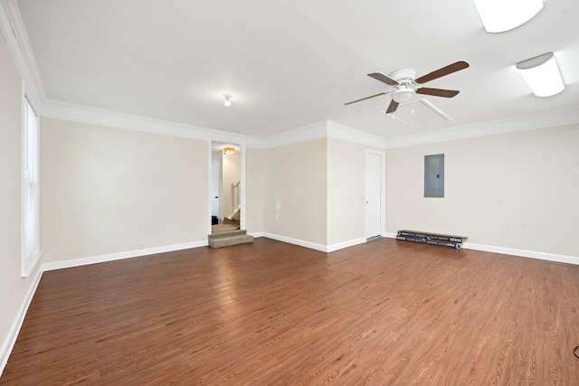 8112 Halifax Way N, Charleston, SC 29420 - unfurnished living room with electric panel, crown molding, wood finished floors, and a ceiling fan