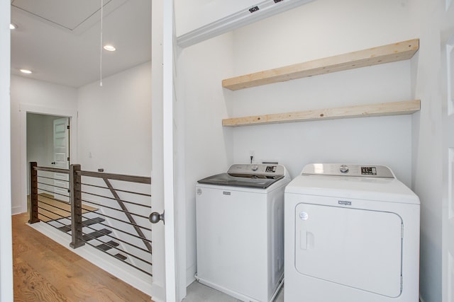 4067 S Rhett Ave, North Charleston, SC 29405 - laundry area with attic access, washer and dryer, recessed lighting, light wood-type flooring, and baseboards