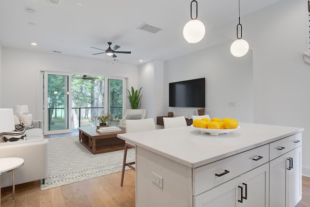 4067 S Rhett Ave, North Charleston, SC 29405 - kitchen featuring open floor plan, light wood-style floors, a ceiling fan, and recessed lighting