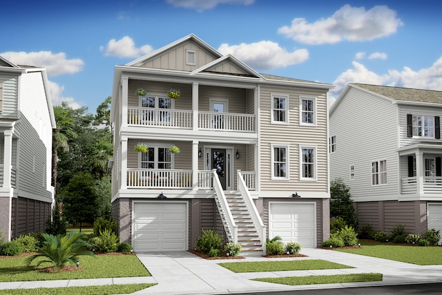 beach home with a garage, a balcony, board and batten siding, and stairs