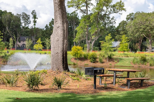 view of home's community with a lawn and a water view