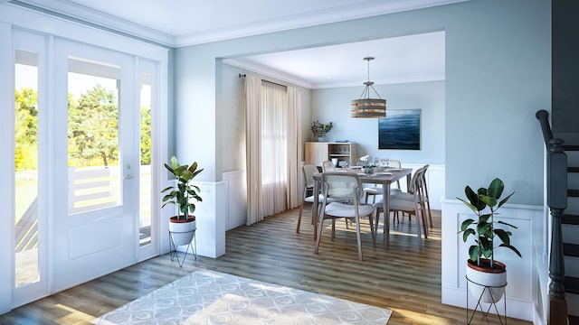 interior space with crown molding, a decorative wall, wood finished floors, and a wainscoted wall