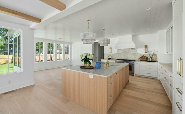 kitchen with a sink, high end stainless steel range, custom range hood, light wood-style flooring, and decorative backsplash
