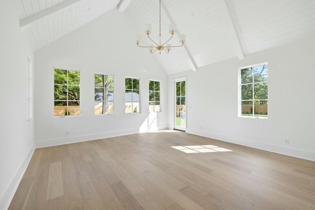 spare room featuring a chandelier, high vaulted ceiling, beamed ceiling, light wood-style flooring, and baseboards