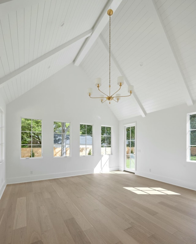 unfurnished living room featuring a chandelier, beamed ceiling, light wood-style floors, high vaulted ceiling, and plenty of natural light