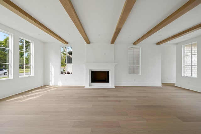 unfurnished living room with plenty of natural light, a fireplace, baseboards, beam ceiling, and light wood finished floors