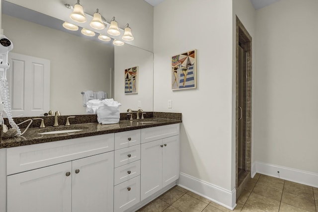 bathroom with tile patterned flooring, vanity, and walk in shower