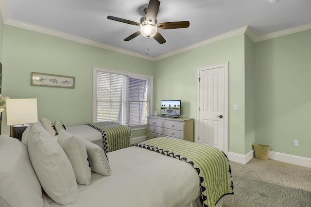 bedroom with light carpet, ceiling fan, and crown molding