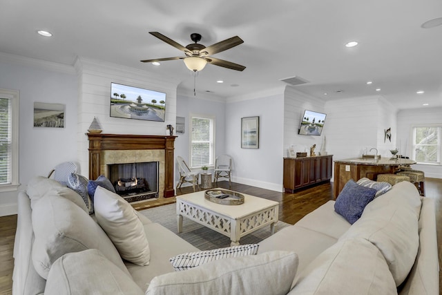 living room featuring a high end fireplace, sink, ceiling fan, ornamental molding, and dark hardwood / wood-style flooring