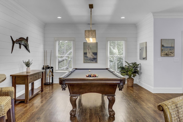 rec room featuring wood walls, dark wood-type flooring, and billiards