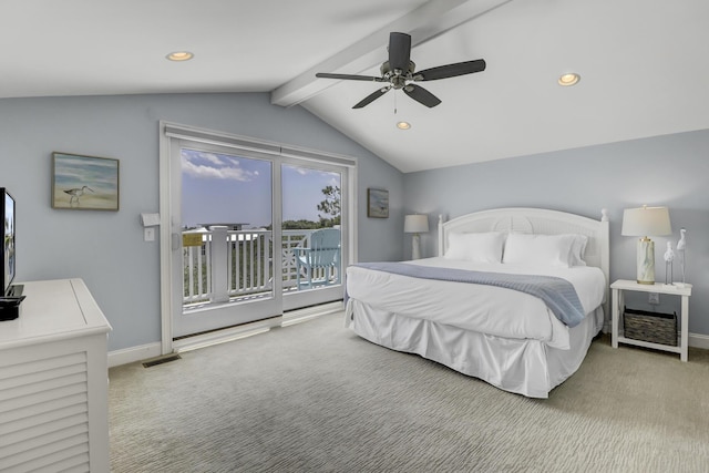 bedroom with access to outside, vaulted ceiling with beams, ceiling fan, and carpet floors